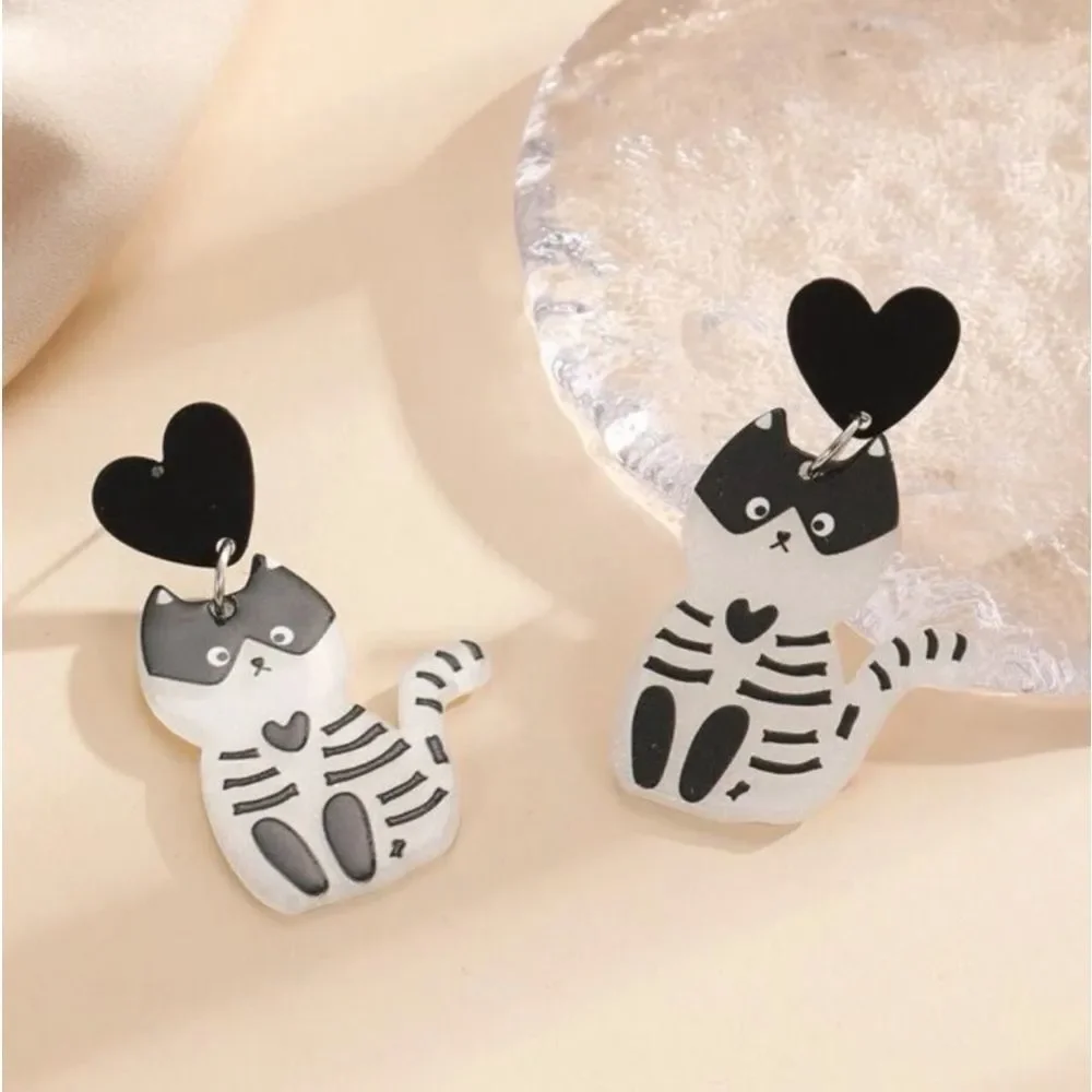 Halloween Goth Lolita Calavera Skeleton Black Kitty Cat Dangle Earrings